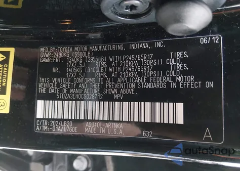 2012 Toyota Highlander Se from USA, damaged, VIN 5TDZA3EH0CS028712